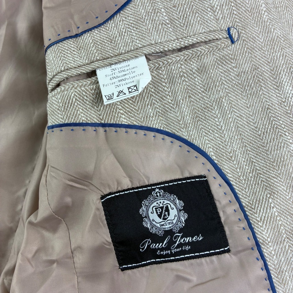Paul Jones Blazer Mens M Beige Herringbone Linen Sport Coat Sophisticated Travel - Picture 4 of 11